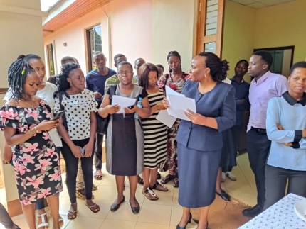 Dr Saraphina Bakita,Dean of Faculty leading her academic staff Team at  Faculty of Law Information Centre for First Year Students.The centre is aiming to provide information to new students joined to various programmes offered by the faculty for 2021/2022 academic year